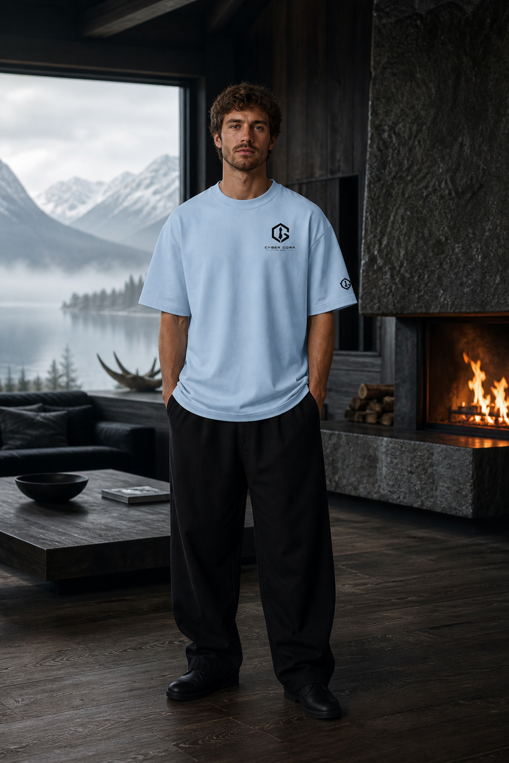 T-shirt Silent Horizon Ciel porté de face devant un chalet