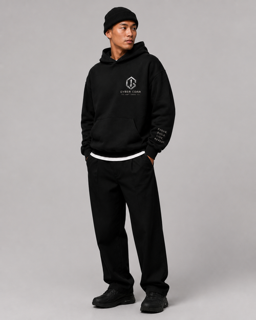 District Sweat Black — sweat à capuche oversize noir Cyber Corp. Label